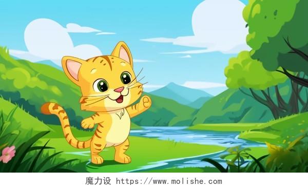 一只小猫钓鱼儿童故事配图AI插画
